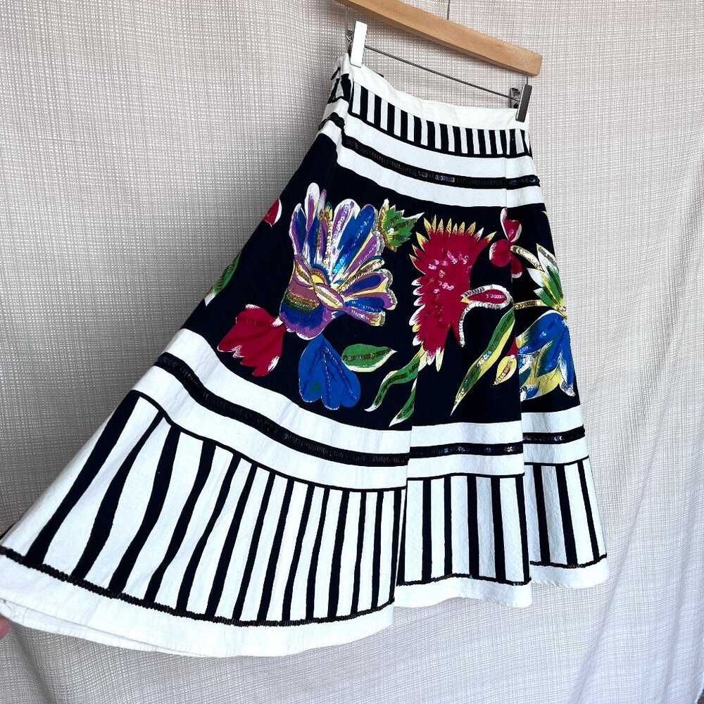 NWT Floral Sequins Skirt Black White Stripe Festive Playful Whimsy Goth Lydia - Picture 8 of 15
